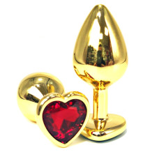 Золотистая анальная пробка с красным кристаллом-сердцем - 6,5 см.