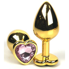Золотистая анальная пробка с нежно-розовым кристаллом-сердцем - 8 см.