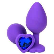 Фиолетовая силиконовая анальная пробка с синим стразом-сердцем - 8 см.