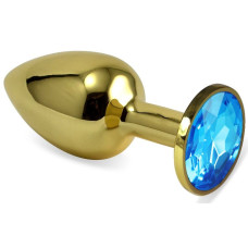 Золотистая анальная пробка с голубым кристаллом - 5,5 см.