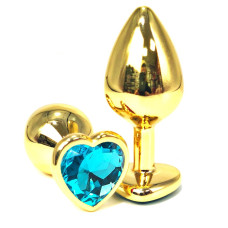 Золотистая анальная пробка с голубым кристаллом-сердцем - 6 см.