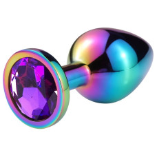 Разноцветная гладкая анальная пробка с фиолетовым кристаллом - 6,8 см.