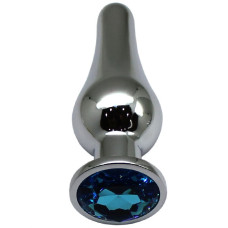 Серебристая анальная пробка с голубым кристаллом - 13 см.