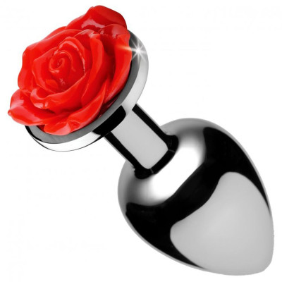 Серебристая анальная пробка с розой Red Rose Butt Plug - 8 см.