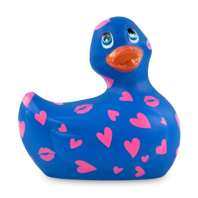 Синий вибратор-уточка I Rub My Duckie 2.0 Romance с розовым принтом