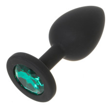 Черная силиконовая анальная пробка с зеленым кристаллом - 7,3 см.