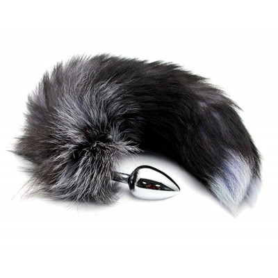 Серебристая анальная пробка с темным лисьим хвостом Black   White Fox Tail Size M