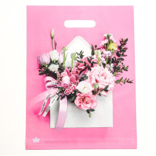Розовый пакет с цветочным принтом и вырубной ручкой (40х31 см)
