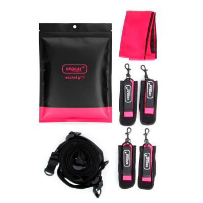 Черно-розовый эротический набор: фиксатор, оковы, наручники, повязка