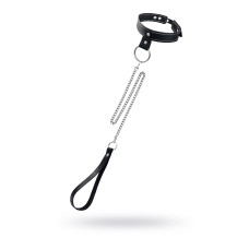 Черный узкий однослойный ошейник с серебристым поводком-цепочкой