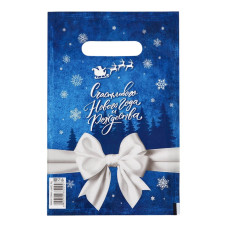 Сине-белый подарочный новогодний пакет с вырубной ручкой (20х30 см)