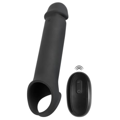 Черная вибронасадка для пениса с хомутом для мошонки и пультом ДУ Remote Controlled Penis Extension