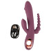 Сливовый вибратор с клиторальным отростком и анальным хвостом Slim Triple Plum - 21,4 см.