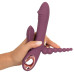 Сливовый вибратор с клиторальным отростком и анальным хвостом Slim Triple Plum - 21,4 см.