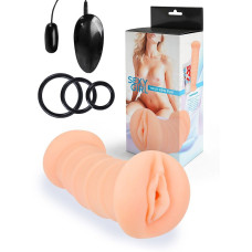 Телесный двусторонний мастурбатор с вибропулей и эрекционными кольцами в комплекте