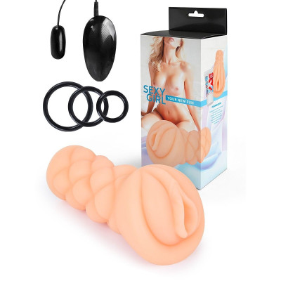 Телесный мастурбатор-вагина с вибропулей и эрекционными кольцами в комплекте