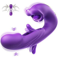 Фиолетовый вибратор с функциями фингеринга и лизания - 17,5 см.